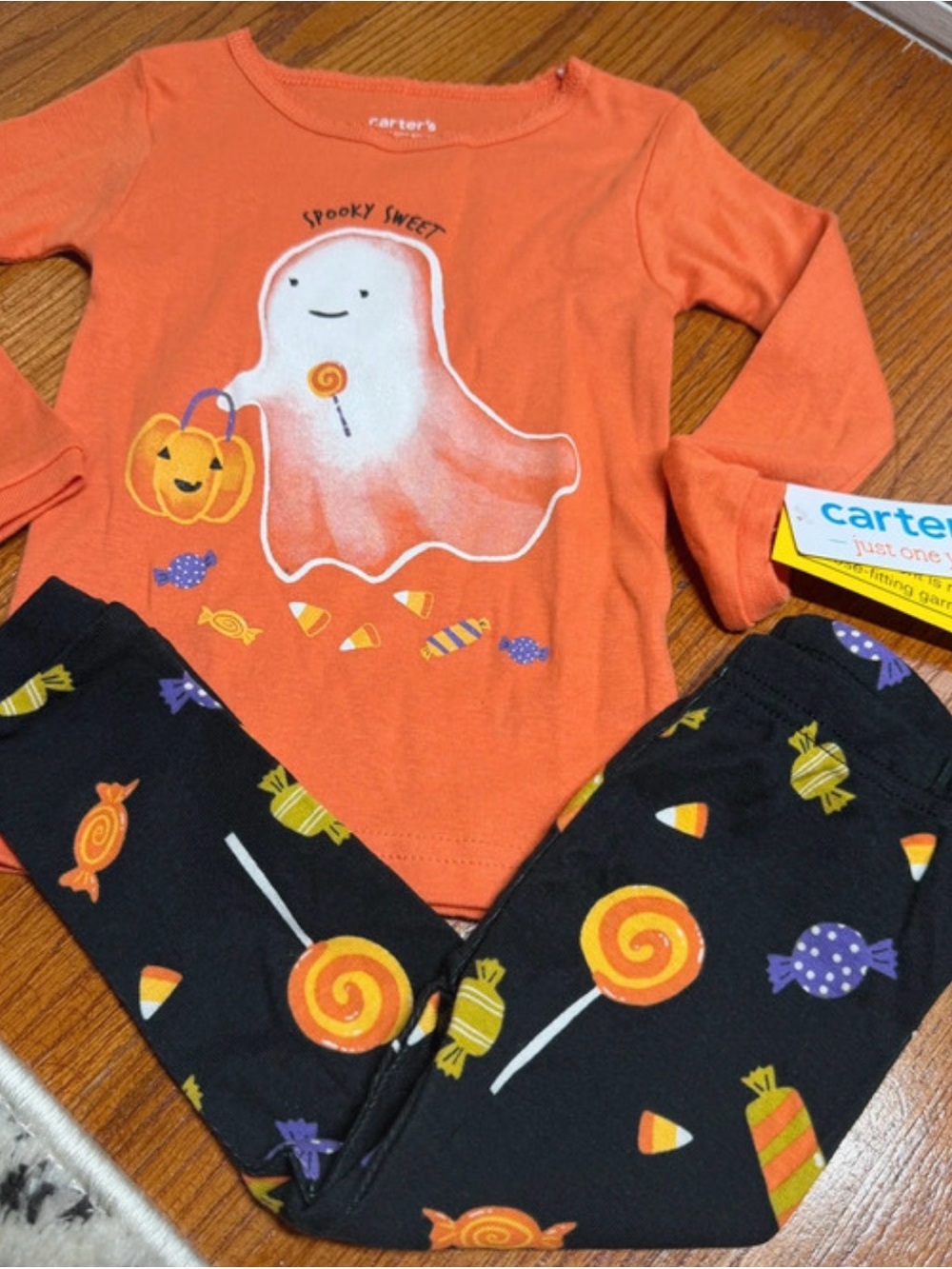 Carter's Just one You Orange Ghost Halloween Kids candy Pajama Set 12 M